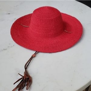 NWT Natural Elephantred woven floppy hat with leather chinstrap with tassel